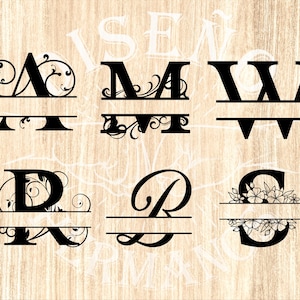 May include: Black monogram letters A, M, W, R, B, and S with decorative flourishes and floral accents. The letters are split horizontally with a line. The background is a light wood grain.