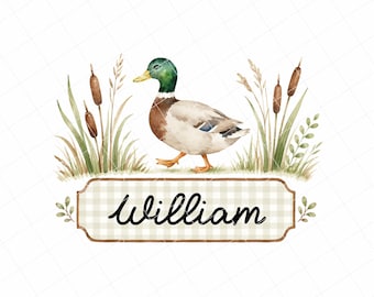 May include: Watercolor illustration of a duck with green head and brown body, walking through grass and cattails. A banner below reads "William" in cursive on a checkered background. Decorative leaves frame the banner.