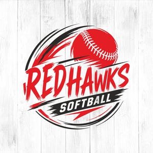 May include: A red softball with white stitching is featured in a dynamic logo. The words "Redhawks Softball" are displayed in red and black, set against a white wood-grain background. The design incorporates curved lines and a circular shape.