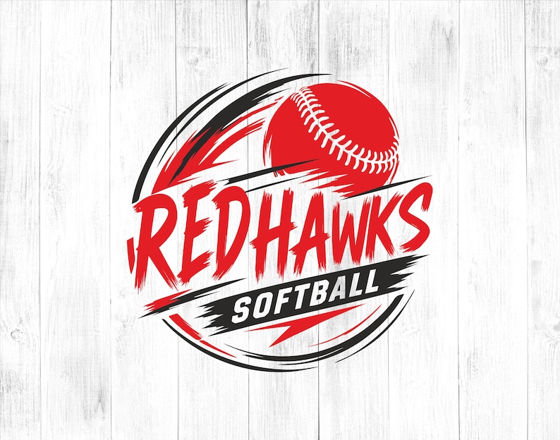 May include: A red softball with white stitching is featured in a dynamic logo. The words "Redhawks Softball" are displayed in red and black, set against a white wood-grain background. The design incorporates curved lines and a circular shape.
