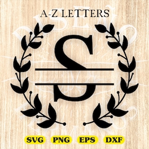 May include: Black monogram letter "S" with a horizontal line through the middle, surrounded by a black floral wreath. The text "A-Z LETTERS" is at the top. Below are the file type icons: SVG, PNG, EPS, and DXF.