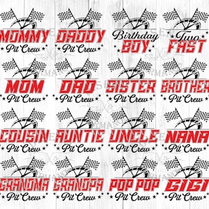 May include: A collection of racing-themed designs featuring text like "Mommy," "Daddy," and "Birthday Boy" in red and black. Each design includes a speedometer graphic and checkered flags, with "Pit Crew" below.
