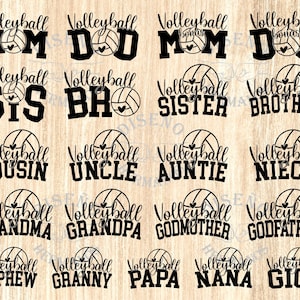 May include: Black volleyball-themed designs with various family titles like "Mom," "Dad," "Sister," and "Brother." Each design includes a volleyball graphic. The text is in a bold, sans-serif font.