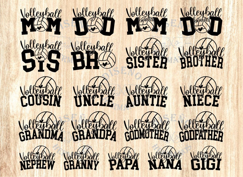 May include: Black volleyball-themed designs featuring family titles such as "Mum," "Dad," "Sister," and "Brother." Each design incorporates a volleyball graphic. The text is in a bold, sans-serif font.
