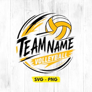 Peut inclure: Un design graphique représentant un ballon de volley-ball jaune et blanc avec des lignes de mouvement noires. Le texte "TEAM NAME" apparaît en police noire grasse style pinceau au-dessus du mot "VOLLEYBALL" sur une bannière jaune.