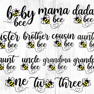 Może przedstawiać: Czarny tekst pisany odręcznie ze słowami "baby", "mama", "dada", "sister", "brother", "cousin", "auntie", "aunt", "uncle", "grandma", "grandpa", "one", "two" i "three". Każde słowo ma pszczołę.