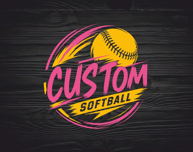 May include: A softball design with the words "CUSTOM SOFTBALL" in pink and yellow. The design features a yellow softball with black stitching, set against a black wood grain background. The text is in a bold, brushstroke style.