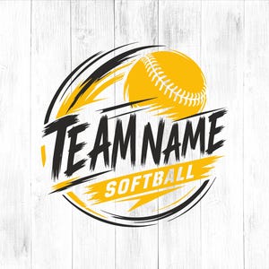 May include: A softball team logo design featuring a yellow softball with white stitching, set against a black and yellow swoosh design. The words "TEAM NAME SOFTBALL" are prominently displayed in black and yellow.