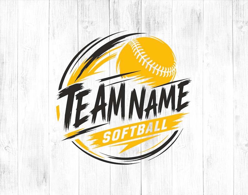 May include: A softball team logo design featuring a yellow softball with white stitching, set against a black and yellow swoosh design. The words "TEAM NAME SOFTBALL" are prominently displayed in black and yellow.