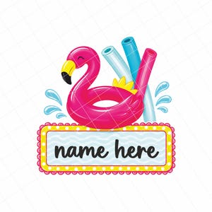 May include: A pink flamingo inflatable ring with a yellow beak and a smiling face. Blue and pink pool noodles and water splashes are also present. Below is a rectangular sign with the text "name here".