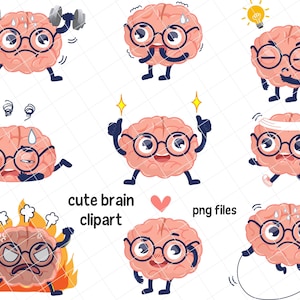 Puede incluir: Una colección de ilustraciones de cerebros de dibujos animados en varias poses, con gafas. Algunos cerebros levantan pesas, corren o saltan a la cuerda. También está presente la frase "cute brain clipart" y "png files".