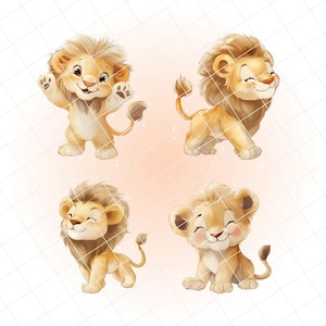 Pode incluir: Quatro ador&aacute;veis filhotes de le&atilde;o de desenho animado em v&aacute;rias poses. Os filhotes t&ecirc;m pelo marrom claro, crinas fofas e rostos sorridentes. Um filhote acena, outro est&aacute; em p&eacute; e dois est&atilde;o sentados. O fundo &eacute; de cor p&ecirc;ssego suave.