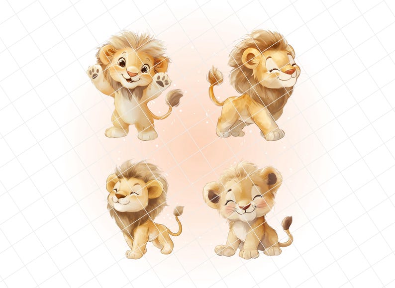 Pode incluir: Quatro ador&aacute;veis filhotes de le&atilde;o de desenho animado em v&aacute;rias poses. Os filhotes t&ecirc;m pelo marrom claro, crinas fofas e rostos sorridentes. Um filhote acena, outro est&aacute; em p&eacute; e dois est&atilde;o sentados. O fundo &eacute; de cor p&ecirc;ssego suave.