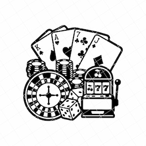 May include: Black and white illustration of casino elements. Includes playing cards, poker chips, a roulette wheel, dice, and a slot machine with the number 777. The image is a graphic design.