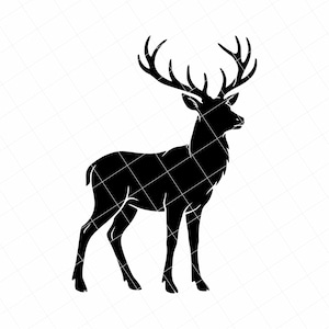 May include: A solid black silhouette graphic of a standing stag with large, branching antlers. The deer is depicted in profile, facing toward the right, showcasing its slender legs, muscular body, and detailed, curved antler structure.