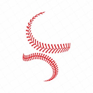 May include: Red baseball stitching design on a white background. The image features two curved lines of red stitching, resembling the seams of a baseball. The design is a vector graphic, suitable for sports-themed projects.