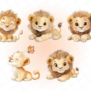 Pode incluir: Cinco ador&aacute;veis filhotes de le&atilde;o de desenho animado em v&aacute;rias poses. Os filhotes t&ecirc;m pelo castanho claro, crinas castanhas e olhos grandes e amig&aacute;veis. Um filhote interage com uma borboleta. O fundo &eacute; de cor p&ecirc;ssego claro com pequenos pontos brancos.