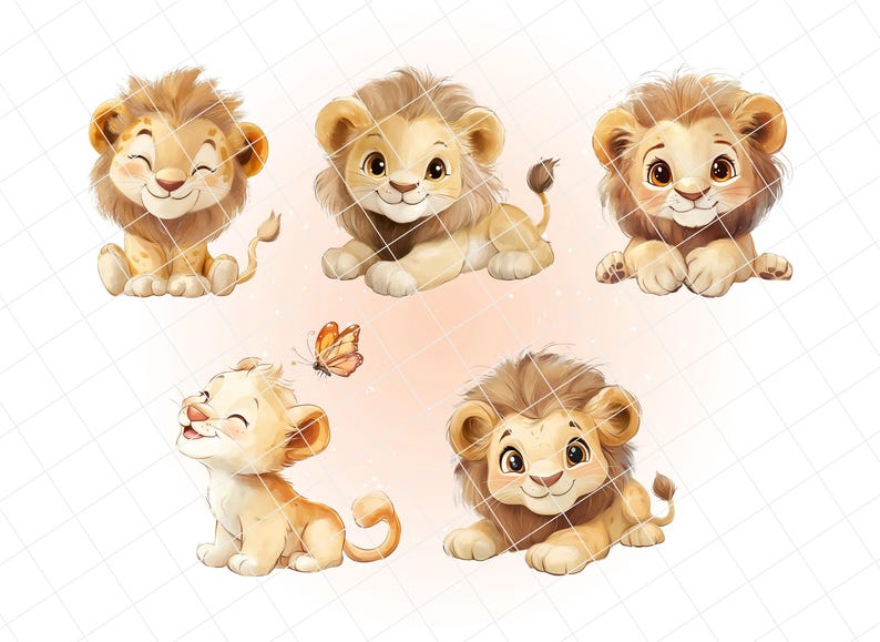 Pode incluir: Cinco ador&aacute;veis filhotes de le&atilde;o de desenho animado em v&aacute;rias poses. Os filhotes t&ecirc;m pelo castanho claro, crinas castanhas e olhos grandes e amig&aacute;veis. Um filhote interage com uma borboleta. O fundo &eacute; de cor p&ecirc;ssego claro com pequenos pontos brancos.