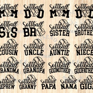 May include: Black softball-themed designs with family titles like "Mom," "Dad," and "Sister." Each design includes a softball with a heart. The text is in a bold, stylized font, perfect for sports fans.