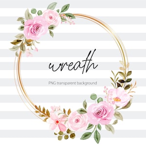 Watercolor pink floral wreath with golden circle, Gold frame wreath, for Wedding invite Logo, for sublimation Tumbler png, Circle Clipart