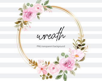 Watercolor Pink Floral Wreath, Golden Frame (PNG)