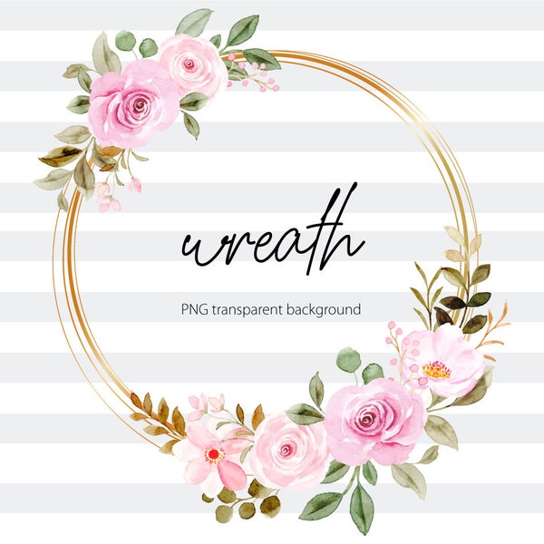 Watercolor pink floral wreath with golden circle, Gold frame wreath, for Wedding invite Logo, for sublimation Tumbler png, Circle Clipart