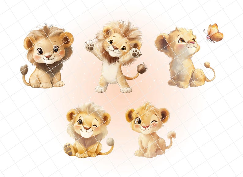 Pode incluir: Cinco ador&aacute;veis filhotes de le&atilde;o de desenho animado em v&aacute;rias poses. Os filhotes s&atilde;o retratados em tons de bege e creme, com crinas e caudas fofas. Um filhote est&aacute; acenando, outro est&aacute; olhando para uma borboleta, e outros est&atilde;o sentados e sorrindo.