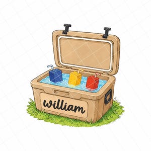 Op de afbeelding: Een bruinige koeler met de naam "william" op de voorkant, open om water en drie pakjes sap met rietjes te onthullen. De pakjes sap zijn blauw, geel en rood. De koeler staat op groen gras.