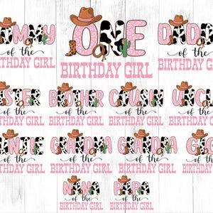 Cowgirl-födelsedagsfamiljepaket PNG, västerländsk födelsedagsflicka PNG, sublimeringsdesign med rosa kotryck, västerländsk födelsedagströja PNG
