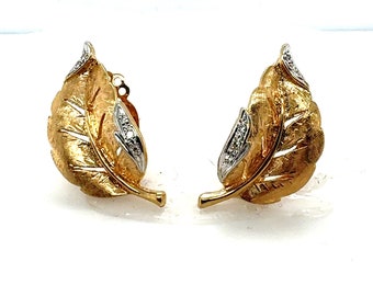 14K Yellow Gold Diamond Leaf Clip On Earrings