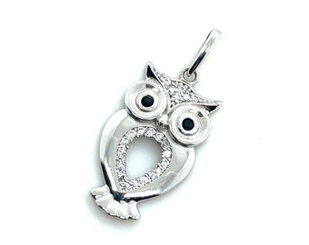 14K White Gold Diamond and Blue Sapphire Owl Pendant