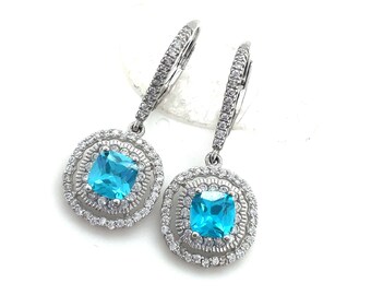 925 Silver Blue Topaz Double Halo Round Cushion Cut Hanging Earrings
