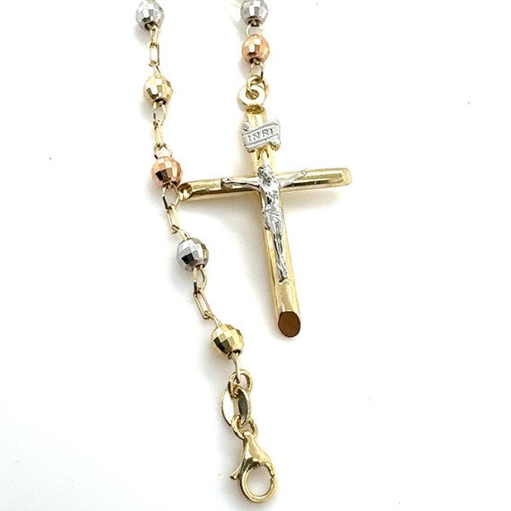 14KT Tri Color Gold Beaded Cross Rosary Bracelet - image 5