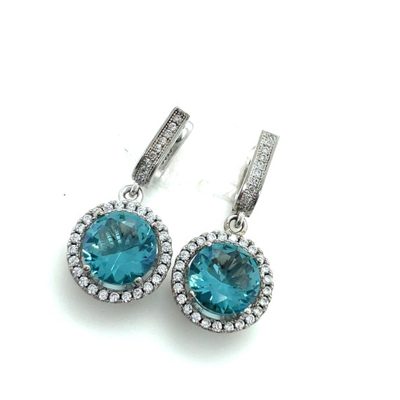 925 Silver Round Halo Blue Topaz Hanging Earrings - image 4