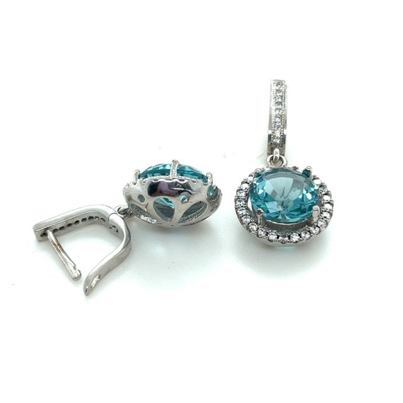 925 Silver Round Halo Blue Topaz Hanging Earrings - image 2