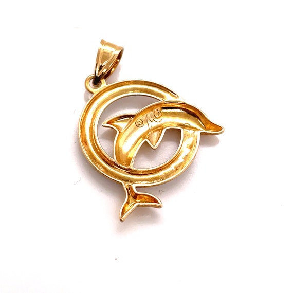 14KT Yellow Gold Round Dolphin Charm Pendant - image 4