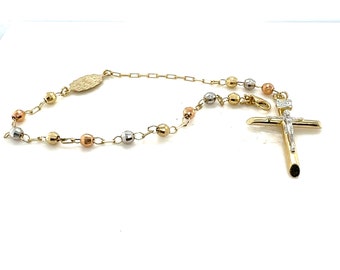 Bracelet chapelet croix tricolore en perles d'or 14 carats