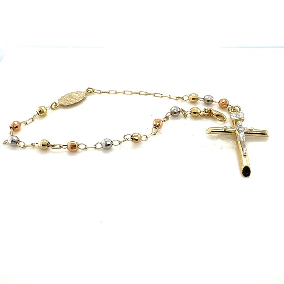 14KT Tri Color Gold Beaded Cross Rosary Bracelet - image 1