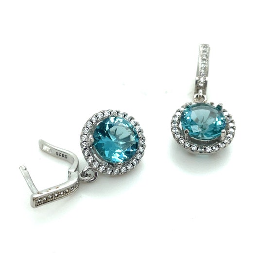 925 Silver Round Halo Blue Topaz Hanging Earrings - image 3