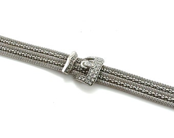 Bracelet à boucle de ceinture en perles tissées et diamants en or blanc 14 carats