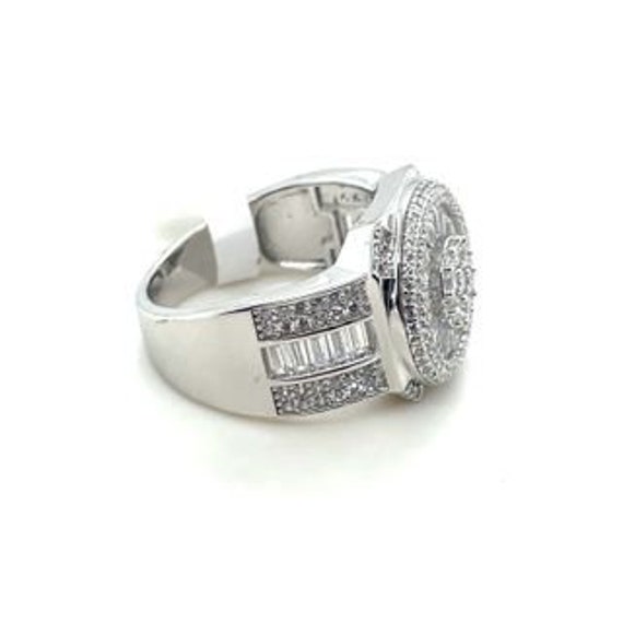 925 Silver Round and Baguette Cluster Mens Ring - image 3