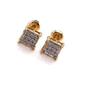 Diamond Multi Row Pave Square 10KT Yellow Gold Stud Screw Back Earrings