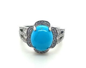 925 Silver Oval Turquoise Flower Halo Split Shank Cocktail Ring