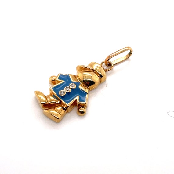 14K Yellow Gold Diamond & Blue Enamel Boy Charm P… - image 2