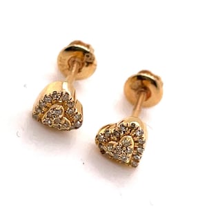 14K Yellow Gold Diamond Double Heart Pave Mini Stud Earrings