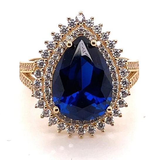 14K Yellow Gold lab Sapphire Double Halo Pear Cut… - image 1