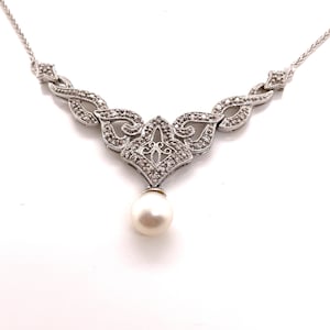 10KT White Gold Diamond and Pearl Floral Open Filigree Necklace