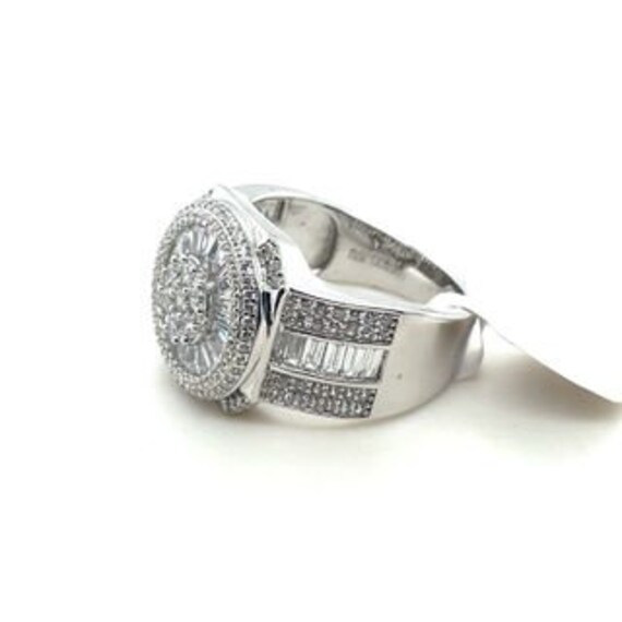 925 Silver Round and Baguette Cluster Mens Ring - image 2