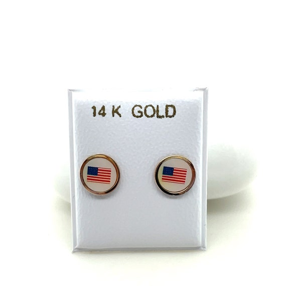 14KT Yellow Gold Round American Flag Screw Back S… - image 1