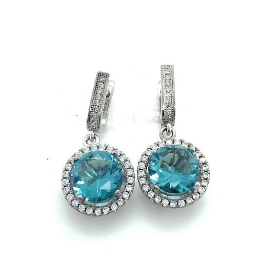 925 Silver Round Halo Blue Topaz Hanging Earrings - image 1